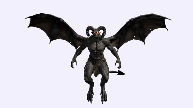 A powerful 3D animated demon character with large outstretched wings and curved horns standing firmly. The creature is isolated against a clean white backdrop, making it perfect for gaming or fantasy 