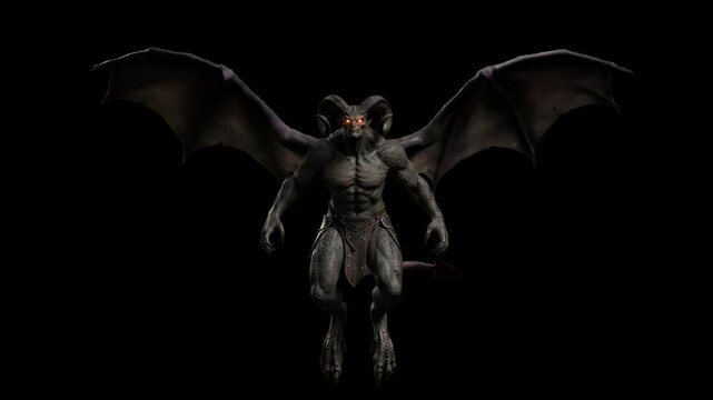 A terrifying 3D render of a muscular horned demon creature with large bat wings and glowing eyes standing menacingly against a dark black backdrop. Suitable for dark fantasy video games, horror movie 