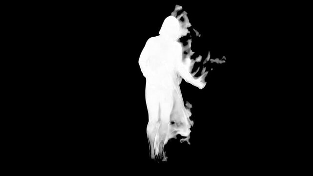 A glowing white energy silhouette of a humanoid figure engulfed in bright, active flames moving dynamically forward. Set against a solid pitch-black studio backdrop, this high-contrast VFX asset is ta