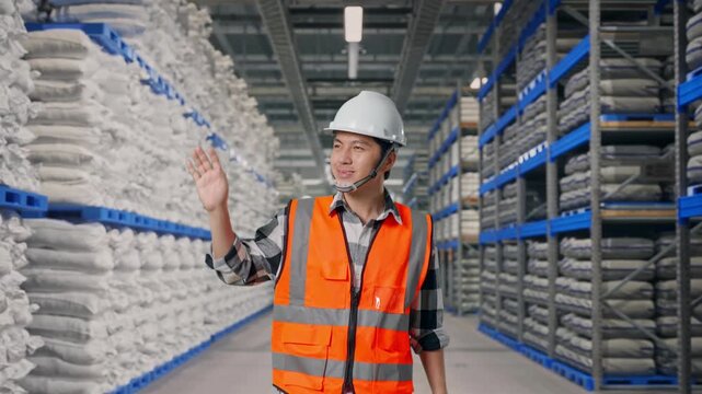 Front View of Asian Male Engineer Waving Hand Saying Bye While Walking at Warehouse storage with stacked white sacks