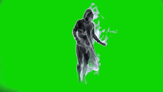 A mysterious hooded phantom figure formed from dark smoke walking forward. The character is isolated on a bright green chroma key background for seamless visual effects integration.