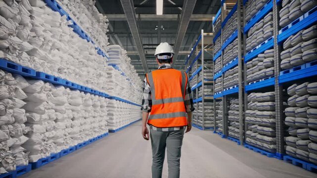 Back of Asian Male Engineer Walking at Warehouse storage with stacked white sacks