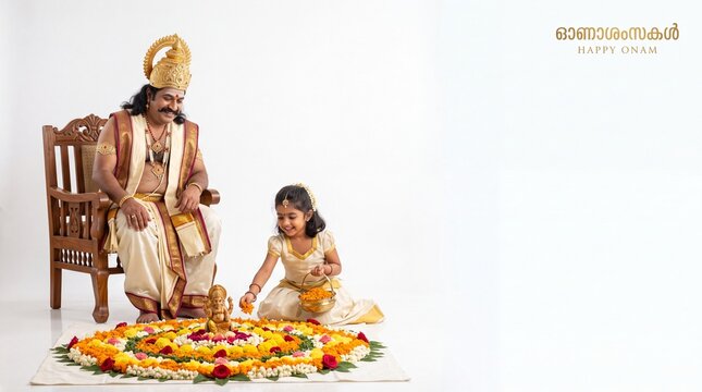 King Mahabali seated on wooden chair watching young Kerala girl in traditional Kasavu dress making pookalam flower carpet on white background with copy space for Onam festival banner