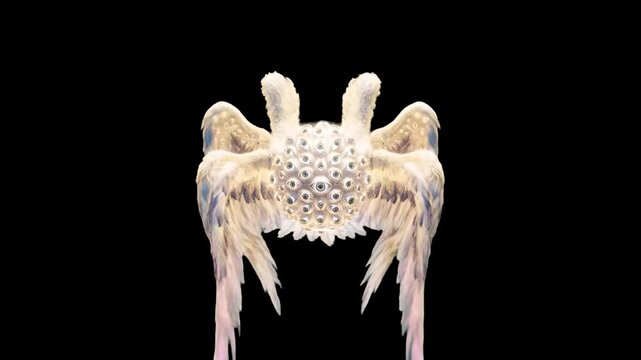 A detailed 3D rendering of a multi-winged, multi-eyed biblically accurate angel seraphim creature isolated against a pitch black studio background. This ambient, eerie fantasy entity asset is ideal fo