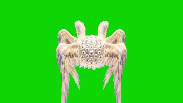 A terrifying, multi-eyed, many-winged biblically accurate angel or seraphim entity floating in place from a front perspective. Positioned against a chroma key green screen background, this fantasy cre