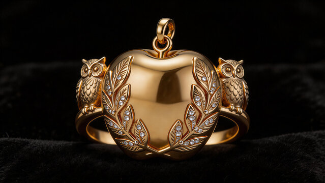 Gold apple ring with owl and leaf details