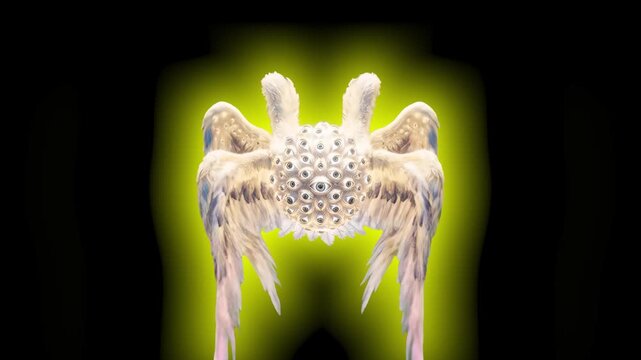 A detailed 3D render of a biblically accurate seraphim angel covered in eyes and featuring multiple feathery white wings, glowing against a dark background. Ideal for fantasy games, religious artwork,