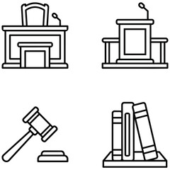 Fototapeta premium Law court icons with judge gavel, lectern and books