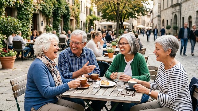 A group of happy senior friends sit at an outdoor cafe table on a charming European street, drinking coffee, laughing, and enjoying a lively conversation together during a sunny vacation.