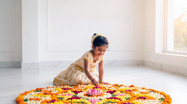 Happy young Kerala girl in traditional Kasavu dress making colorful pookalam flower carpet in a bright indoor room with copy space for Onam festival