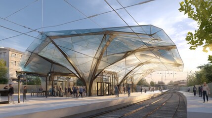 Naklejka premium Modern architectural design of a train station with a unique glass and steel structure showcasing an innovative urban transit space for passengers and commuters