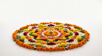 Fototapeta premium Traditional floral Pookalam rangoli with a brass lamp in the center, crafted from vibrant marigold flowers for the Onam festival, isolated on a white background with copy space.