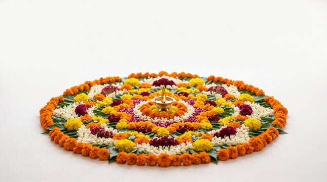 Traditional floral Pookalam rangoli with a brass lamp in the center, crafted from vibrant marigold flowers for the Onam festival, isolated on a white background with copy space.