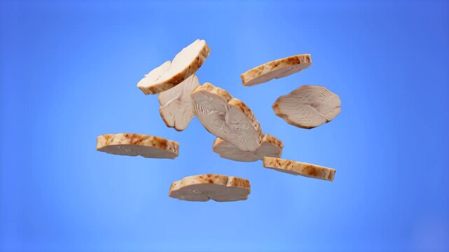 A dynamic composition of juicy roasted meat slices floating and tumbling in mid-air, set against a smooth blue studio backdrop. Ideal for charcuterie commercials, deli product advertisements, culinary