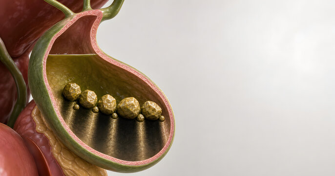 Gallstones inside cutaway gallbladder with medical copy space
