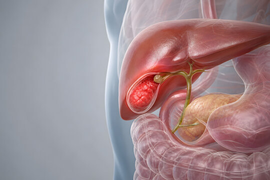 Inflamed gallbladder with stone in anatomical cutaway