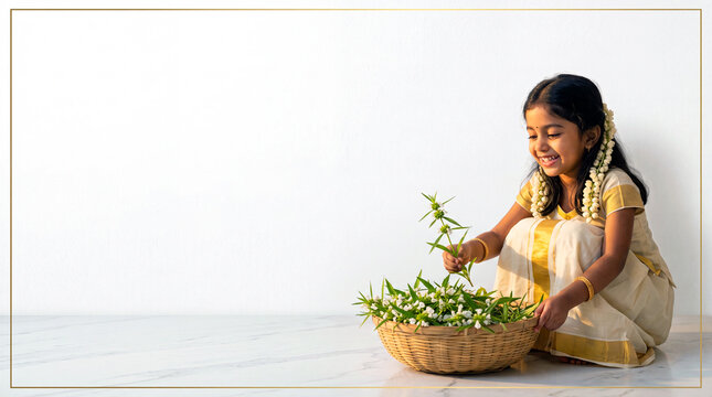 Young Indian girl in traditional Kasavu attire holding a basket of Thumba flowers for Onam festival, sitting with copy space in a bright minimalist indoor setting.