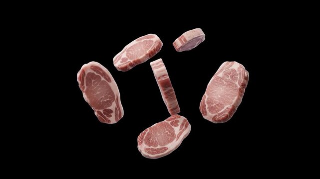 A group of fresh, raw boneless pork chops or loin steaks floating dynamically against a solid black studio backdrop. This striking 3D culinary element offers rich visual contrast, perfect for premium 