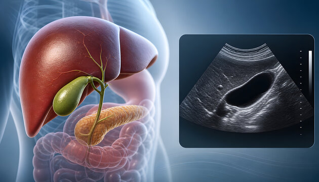 Gallbladder ultrasound with liver anatomy medical banner