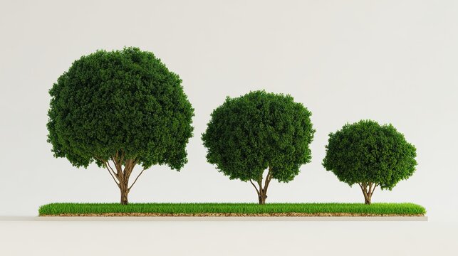Three olive trees of different sizes with grass and shrubs, isolated green landscape on plain white background for garden design