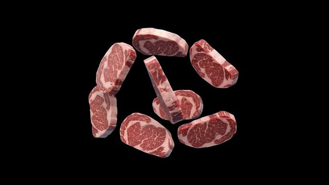 A dramatic 3D render of fresh raw marbled ribeye beef steaks falling and floating in mid-air against a dark black background. Excellent for steakhouse marketing, butcher shop ads, BBQ social media pro