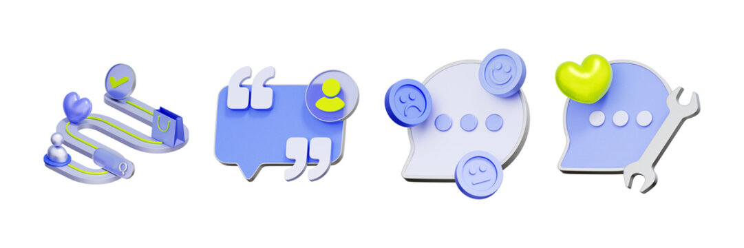 3D illustration of winding path with quote bubble and user avatar for customer journey, user testimonial, service review, client feedback, and support chat