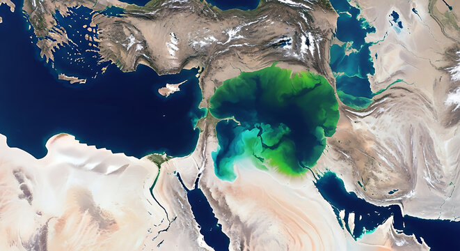 Satellite earth view of the mediterranean sea and surrounding continents with satellite mediterranean geography coastline topography landscape environment exploration continental climatology