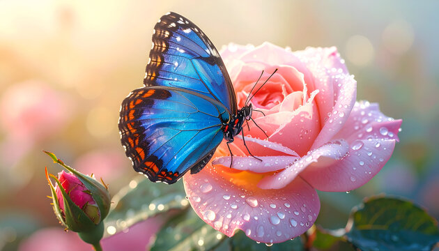 Stunning Blue Butterfly Perched Gracefully on a Dew-Kissed Pink Rose.