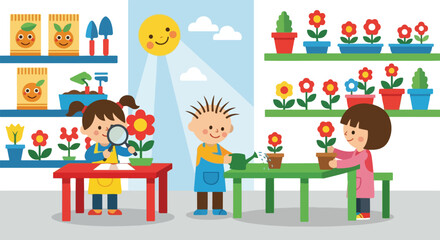 Fototapeta premium Three children enjoy gardening activities like watering plants and studying flowers with a magnifying glass in a bright, sunlit greenhouse.