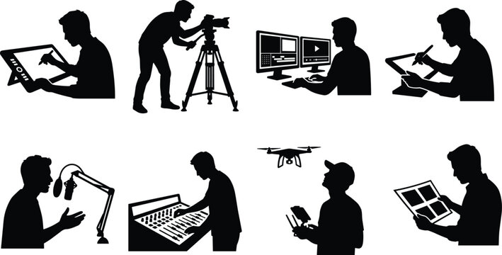 Creative profession silhouettes set showing digital artist photographer video editor podcaster sound engineer drone pilot and designer on white background