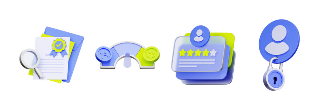 3d illustration of rating meter with document and lock for performance review, skill certification, security status, user feedback, and account protection