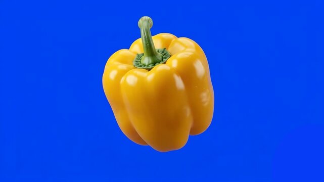 A crisp, whole yellow bell pepper or capsicum floats in mid-air, showing a detailed texture and a fresh green stem. Positioned against a chroma key blue screen background, this high-density food asset