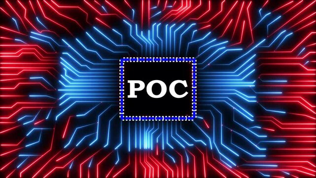 A proof of concept text animation on a digital circuit board with moving neon lights.