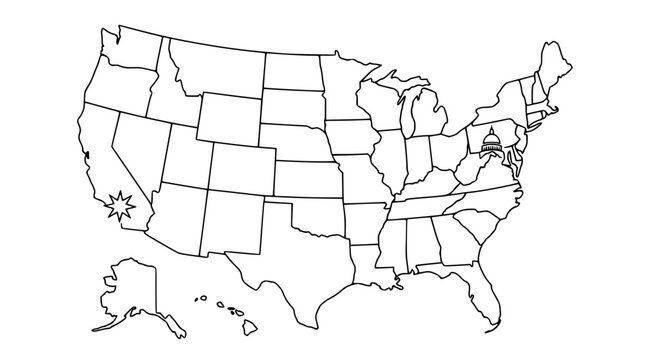Outline map of USA with Washington DC and California star locations marked
