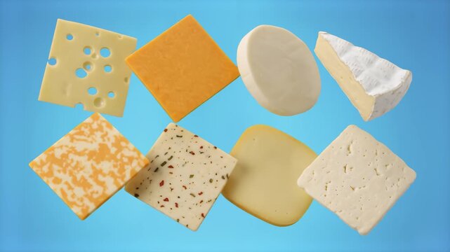 A mix of different cheese varieties including cheddar, swiss, and brie slices floating in a scattered arrangement. Perfect for deli advertising, recipe videos, and dairy product promos.