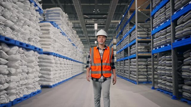 Front View of Asian Male Engineer Walking at Warehouse storage with stacked white sacks