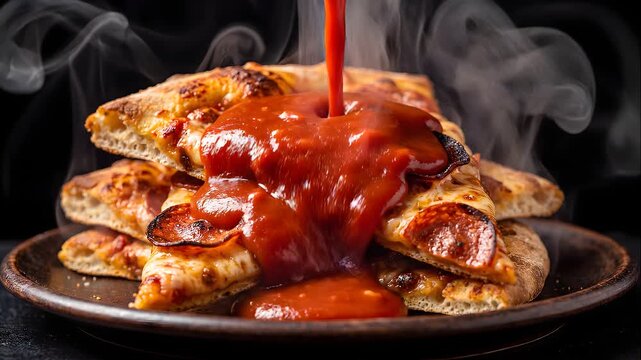 Slow motion pour of glossy rich tomato sauce over hot steaming slices of pepperoni pizza