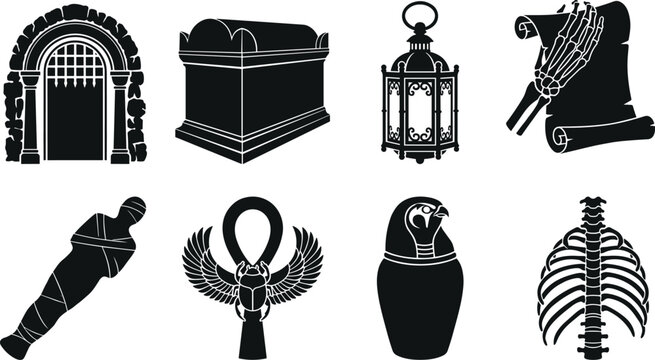 Ancient Egyptian and gothic silhouette collection featuring tomb artifacts mummy ankh scarab and skeletal icons isolated on white