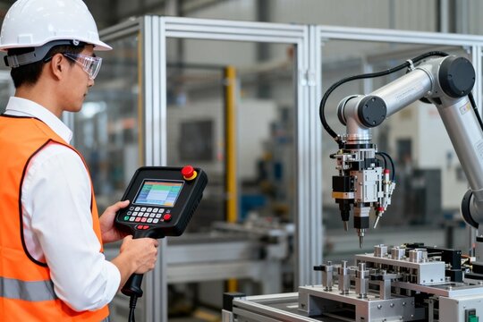 Factory Engineer Operating Industrial Robot Control Panel