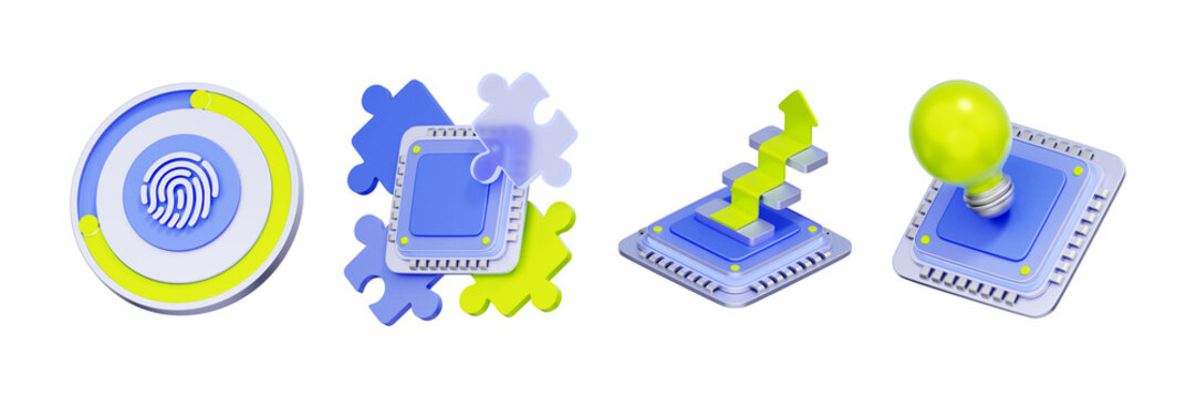 3D illustration of microchip processors and fingerprint scanner for technological innovation, biometric security, system integration, performance upgrade, and digital growth strategy.