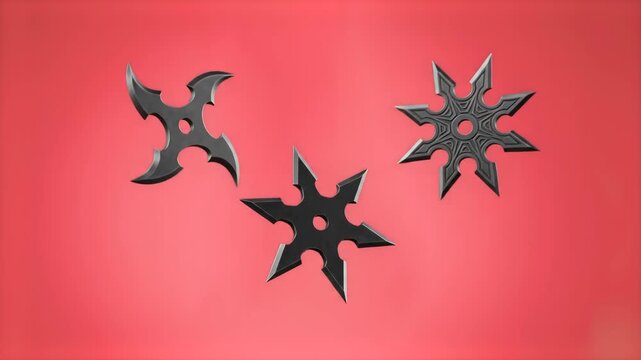 A dynamic 3D animation of multiple steel shurikens or throwing stars spinning and flying through the air against a solid red studio background. Ideal for action sequences, martial arts themes, ninja t