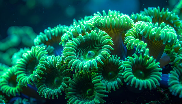 Vibrant Green Zoanthid Coral Colony Underwater Macro Shot.