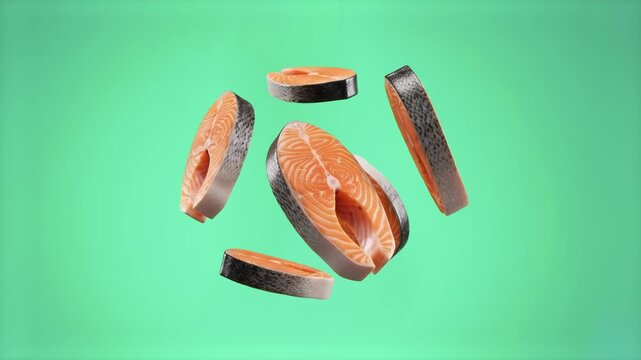 A vibrant 3D rendering of raw, fresh salmon fish steaks with bright pink flesh and silver skin floating dynamically against a clean green gradient background. This nutritious seafood asset is perfect 