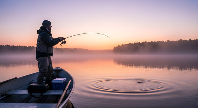 A man fishes in a calm lake surrounded by nature during a summer recreation day.