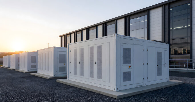 Grid battery storage units beside modern data center