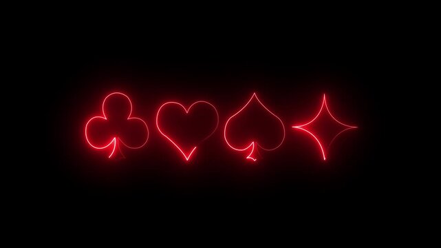 Poker and casino. Neon line suit playing cards icon on black background. Neon spade playing card symbol glowing animation motion graphics.