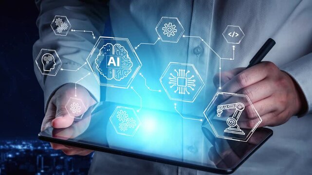 Conceptual representation of artificial intelligence integration into technology showcasing brainstorming, innovation, and automation with futuristic visuals. Entropy.