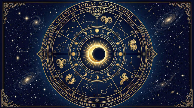 Detailed celestial zodiac eclipse wheel with astrological constellations and planetary symbols on a dark starry cosmos