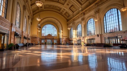 Obraz premium Expansive Historic Train Station Interior with Grand Arched Windows Illuminated by Natural Light and Beautiful Architectural Details