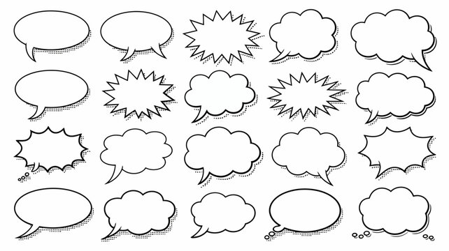Set of comic book speech bubbles and thought balloons with black outlines and halftone dot shading, isolated on a white background, for various communication and